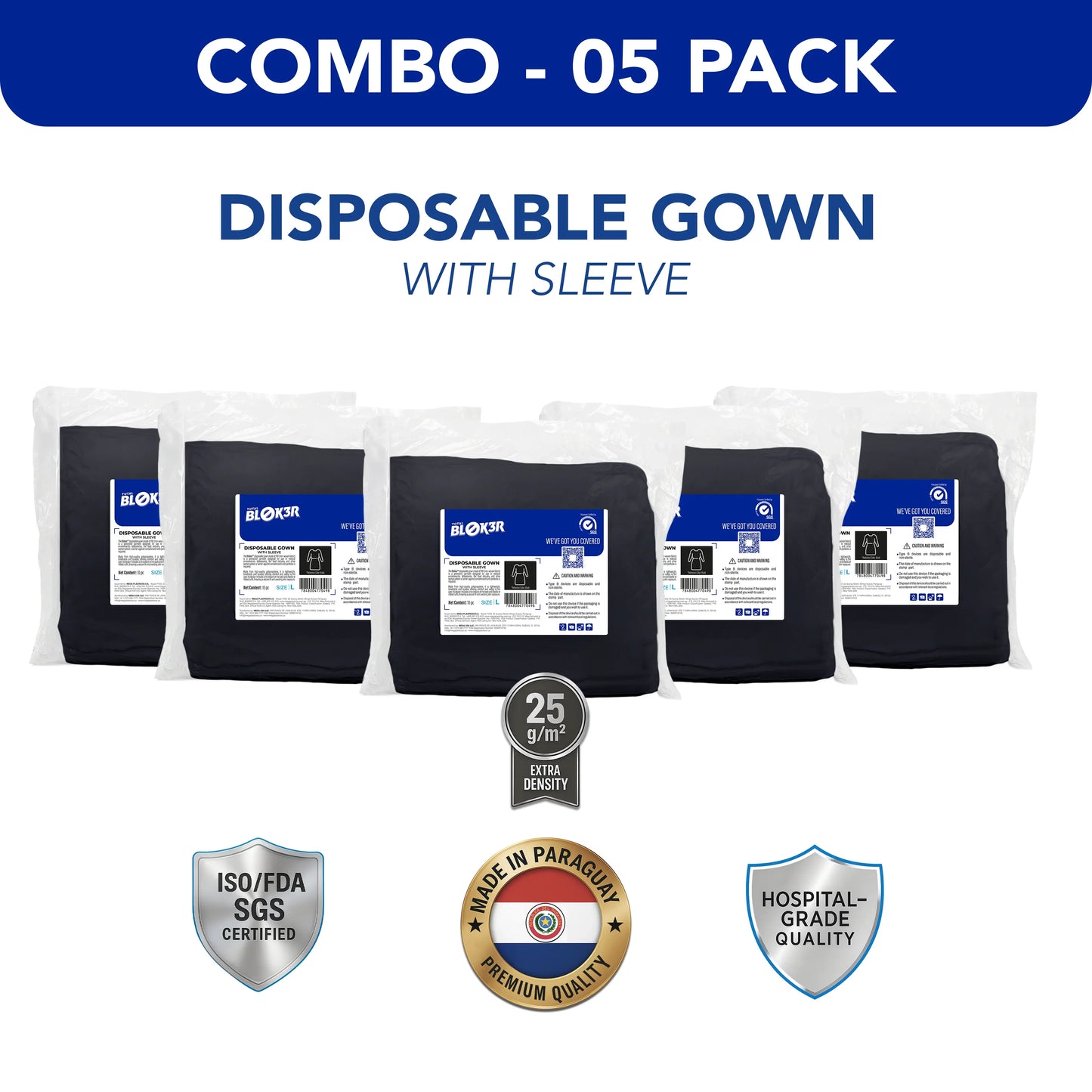 Combo pack of 5 black disposable hospital gowns with sleeves, ISO certified, MEGA USA