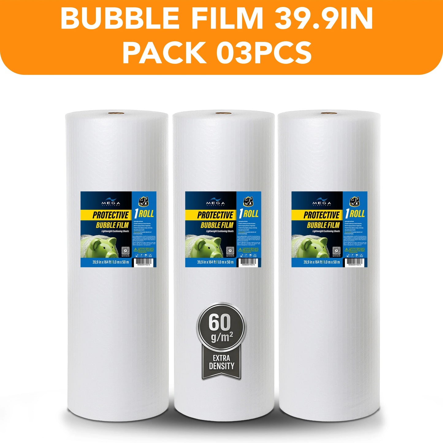 Three rolls of MEGA USA protective bubble film 39.9in, 60g/m², bulk packaging supplies