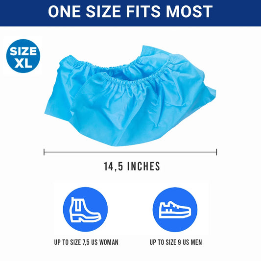 Blue XL disposable shoe cover, 14.5 inches, fits up to US womenâs 7.5 and menâs 9 shoes.