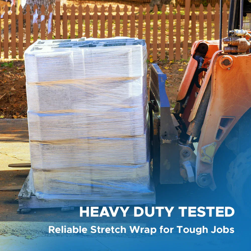 Heavy duty stretch film securing pallet on forklift outdoors, MEGA USA packaging product