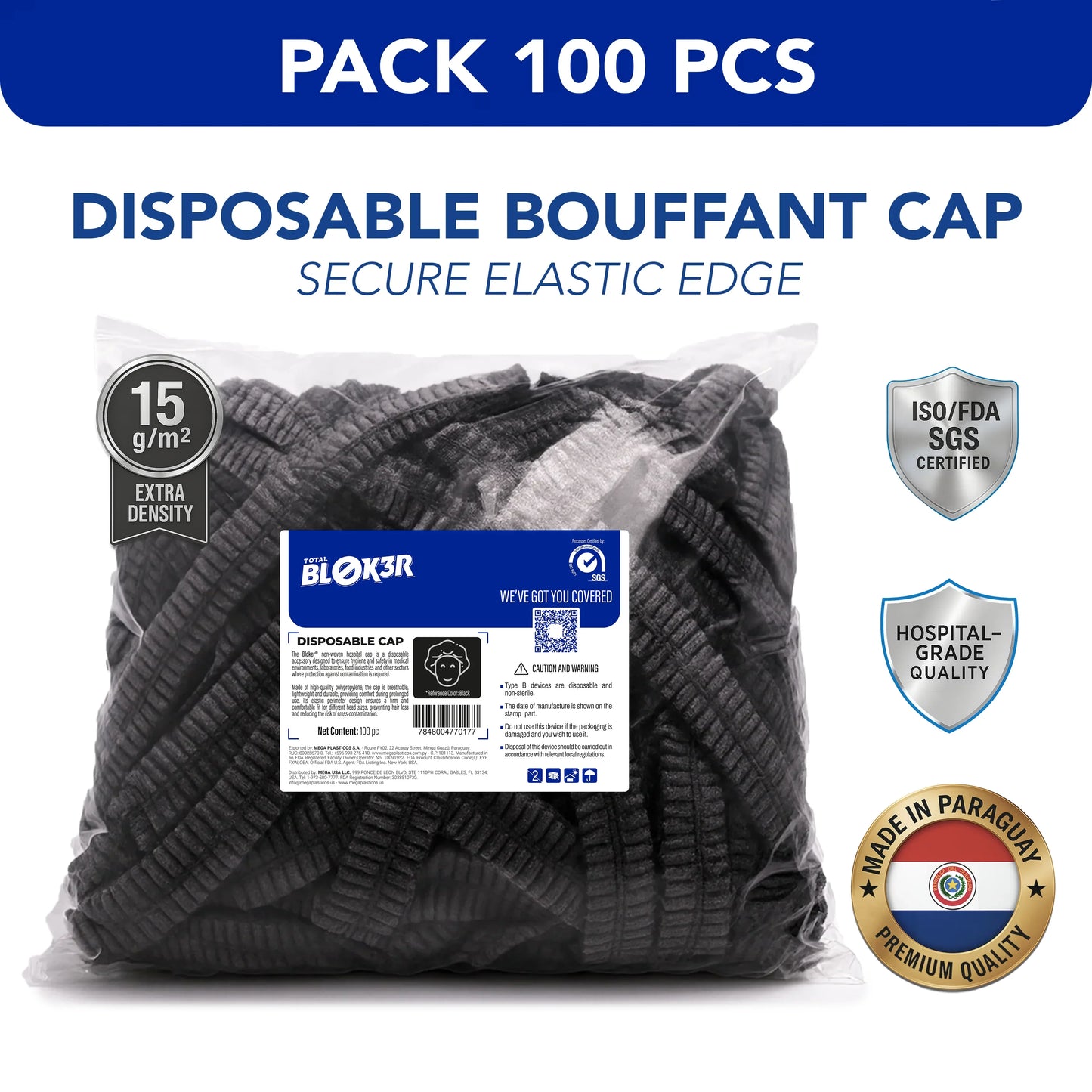 Pack of 100 disposable black bouffant caps with elastic, hospital-grade, extra density.