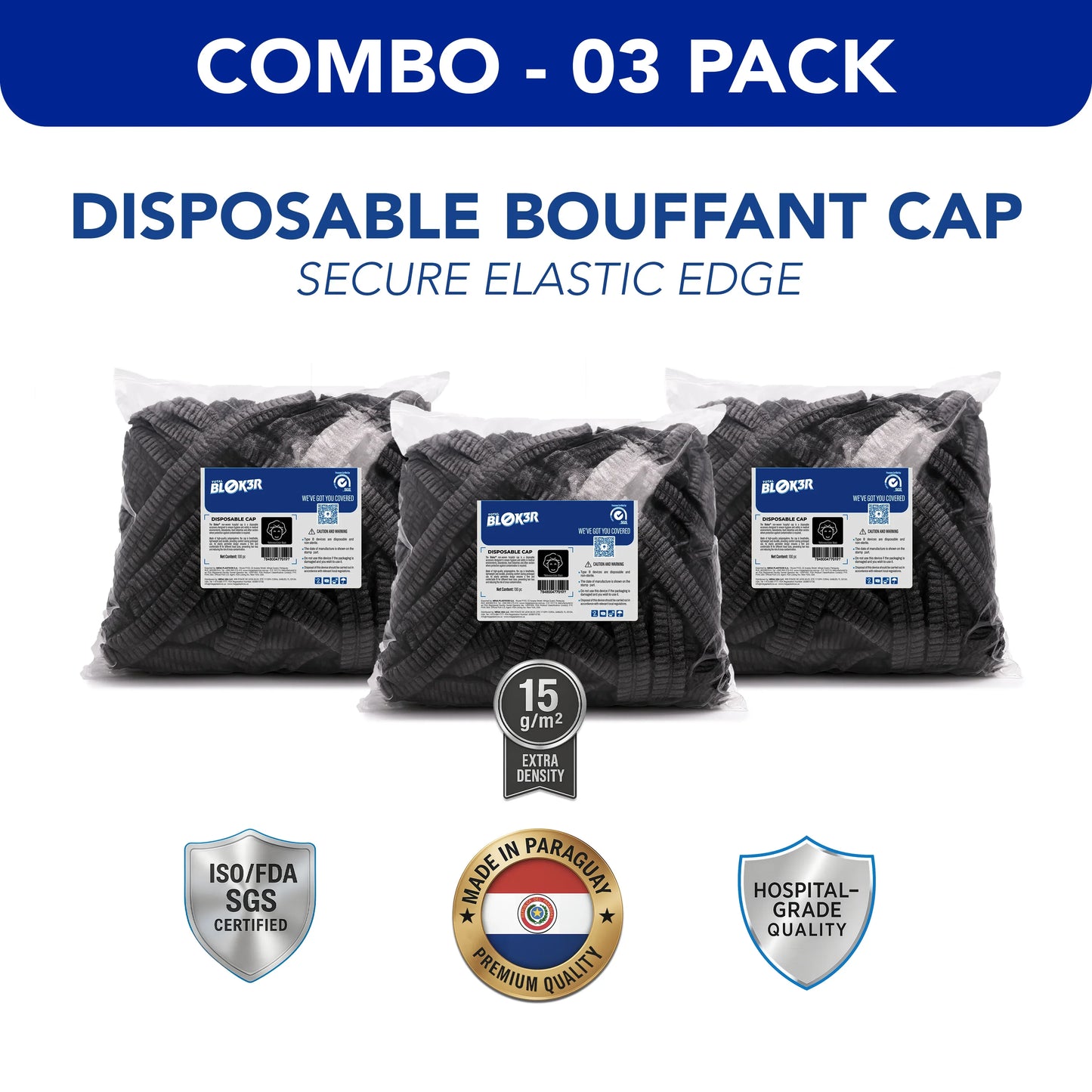 Three packs of black disposable bouffant caps with secure elastic edge, hospital-grade, 15g density, ISO/FDA/SGS certified, bulk combo from MEGA USA.