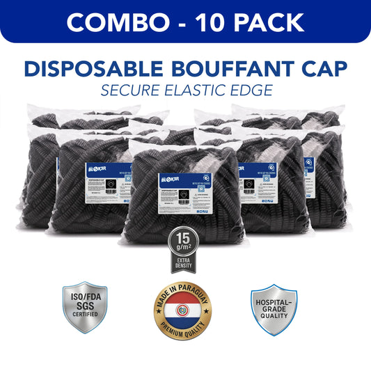 10-pack disposable black bouffant caps, hospital-grade, ISO/FDA certified, bulk packaging