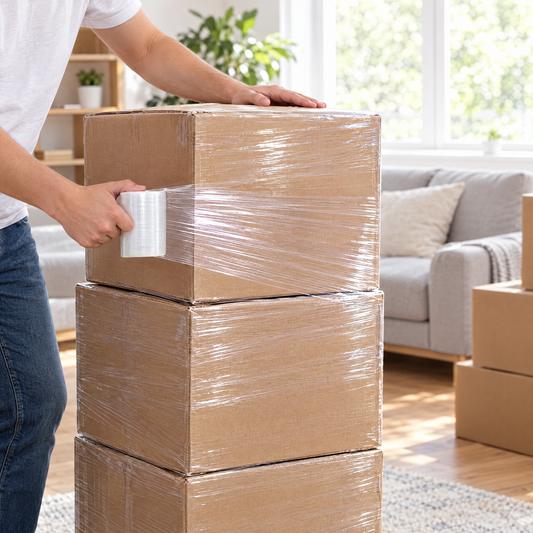 Wrapping moving boxes together with MEGA PLÁSTICOS mini stretch film with handle
