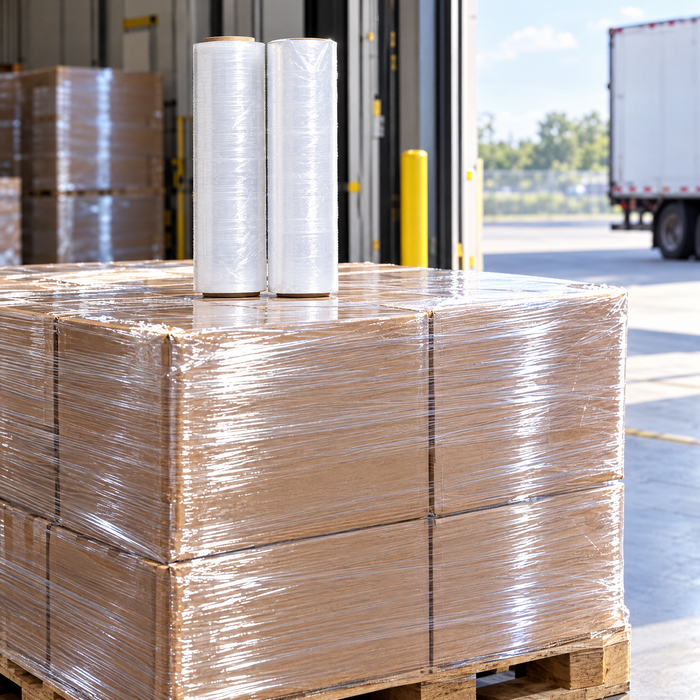 Pallet wrapped with MEGA PLĂSTICOS hand stretch film at a loading dock