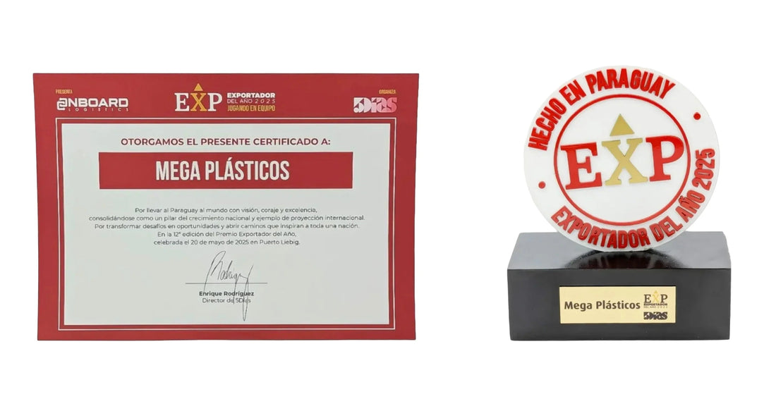 Mega Plásticos export award certificate and trophy for Exporter of the Year 2025, Paraguay