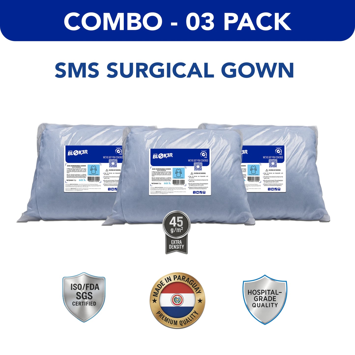 Combo pack of three SMS surgical gowns in blue packaging with quality and certification badges, hospital disposable supplies by MEGA USA.