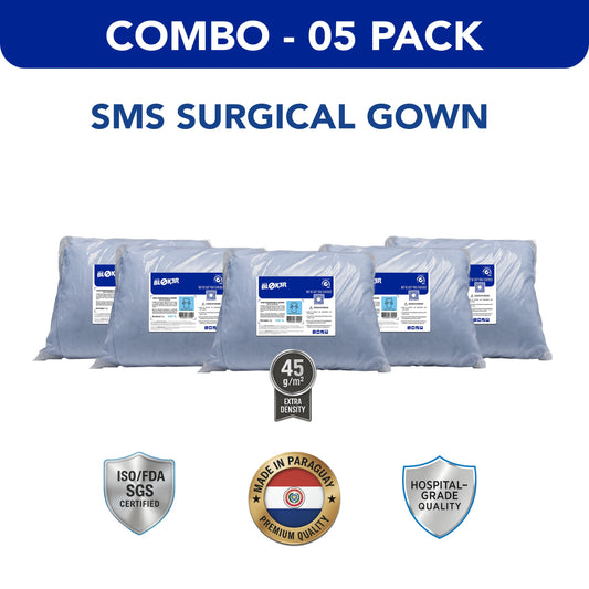 Combo 5 pack of SMS surgical gowns, hospital-grade, ISO/FDA certified, bulk wholesale supplier