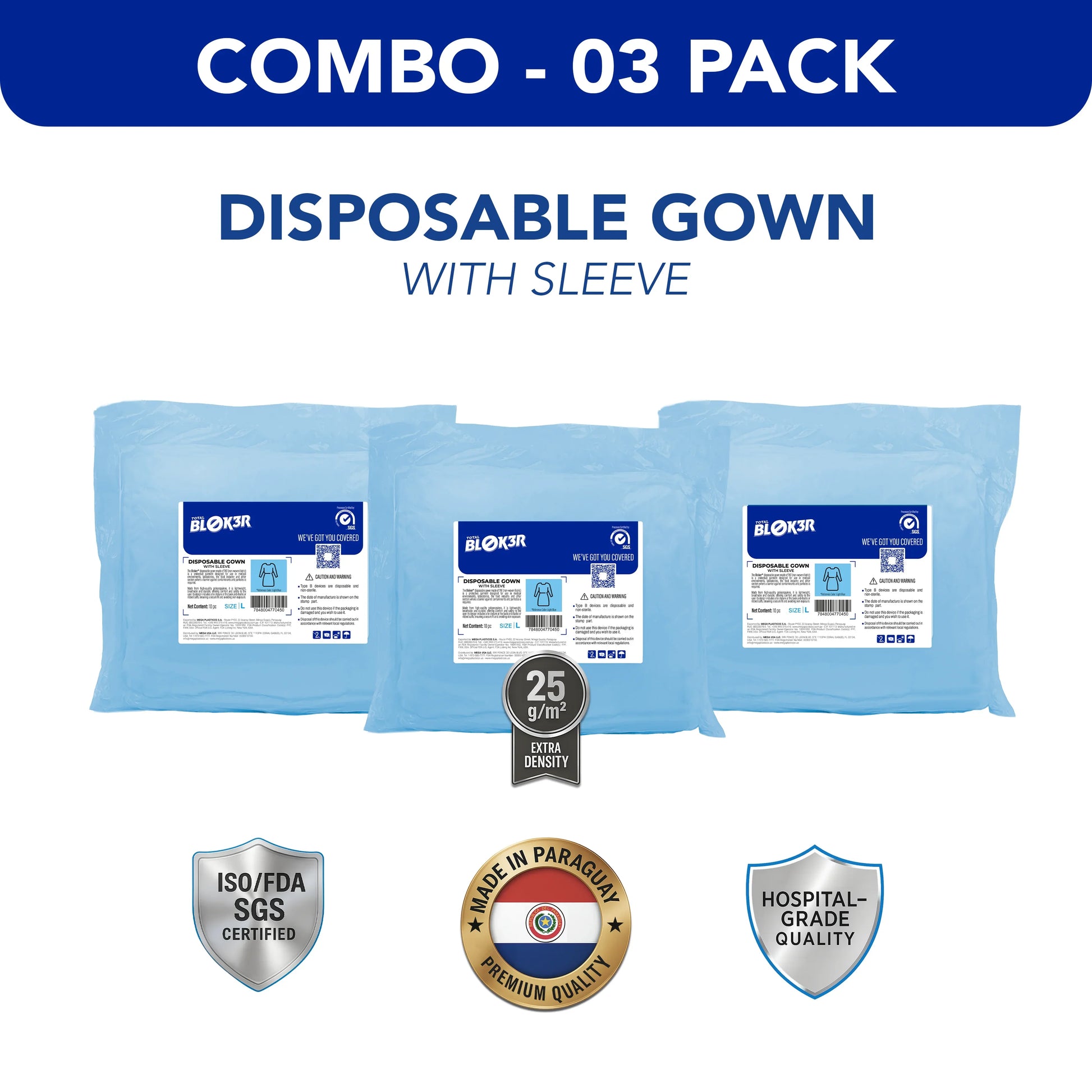 Combo pack of 3 blue disposable hospital gowns with sleeves, ISO certified, hospital-grade quality.