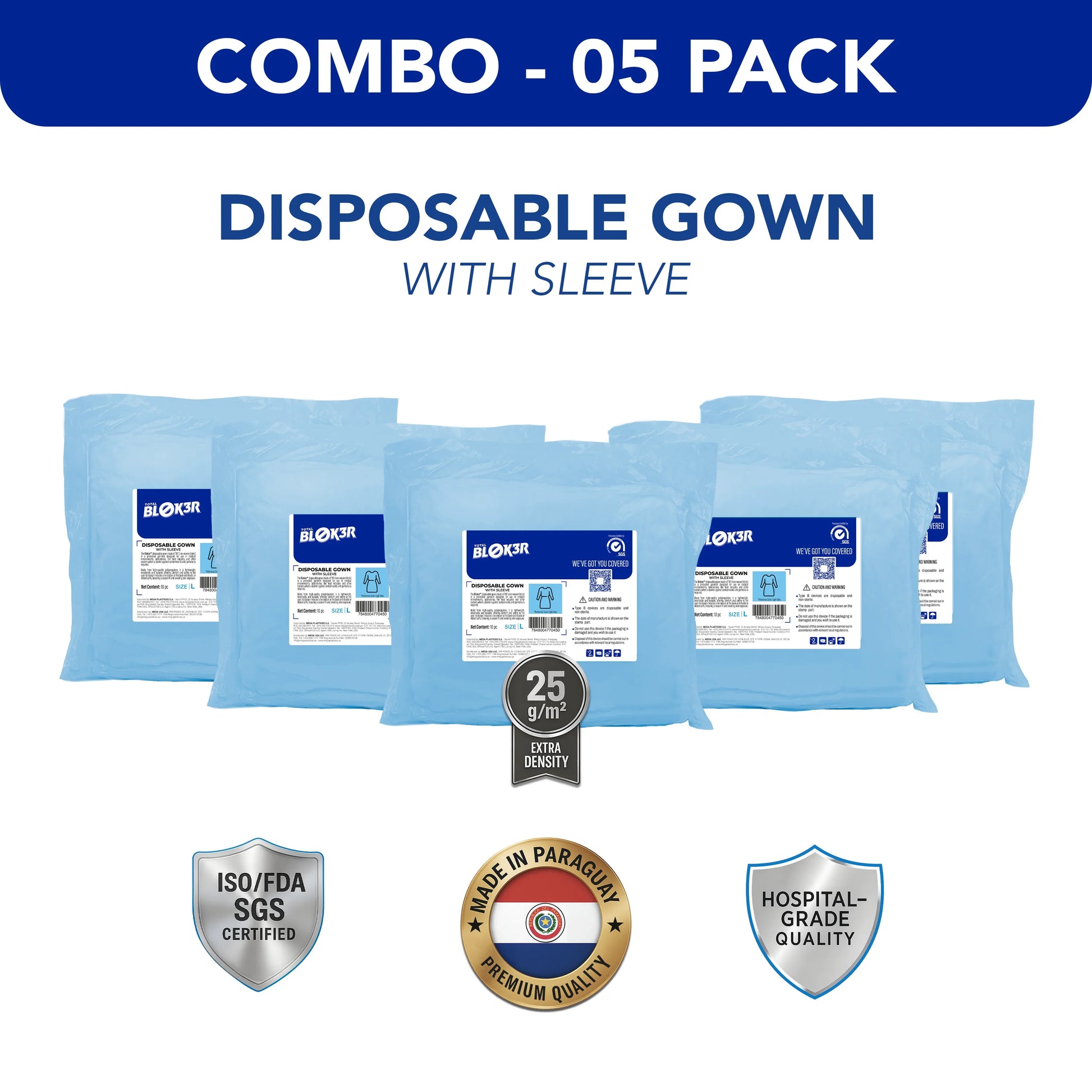 Combo 5-pack of blue disposable hospital gowns with sleeves, hospital-grade, ISO/FDA certified.