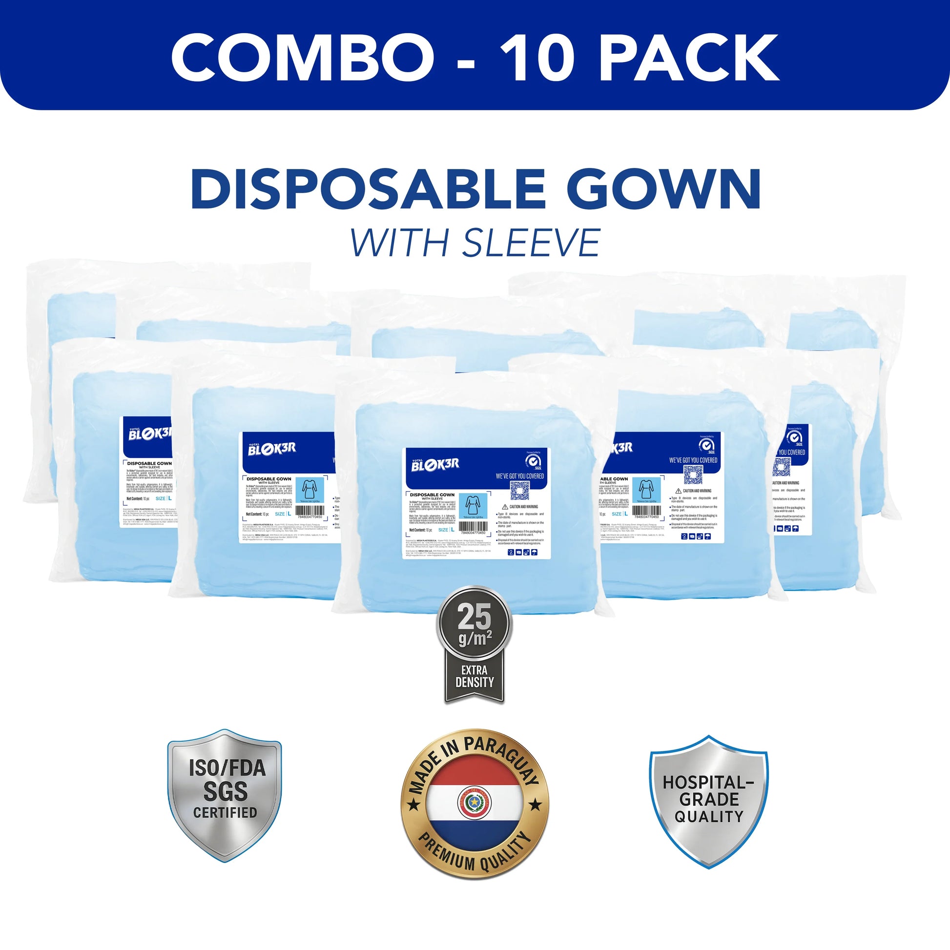 Combo pack of 10 blue disposable hospital gowns with sleeves, ISO certified and hospital-grade quality.