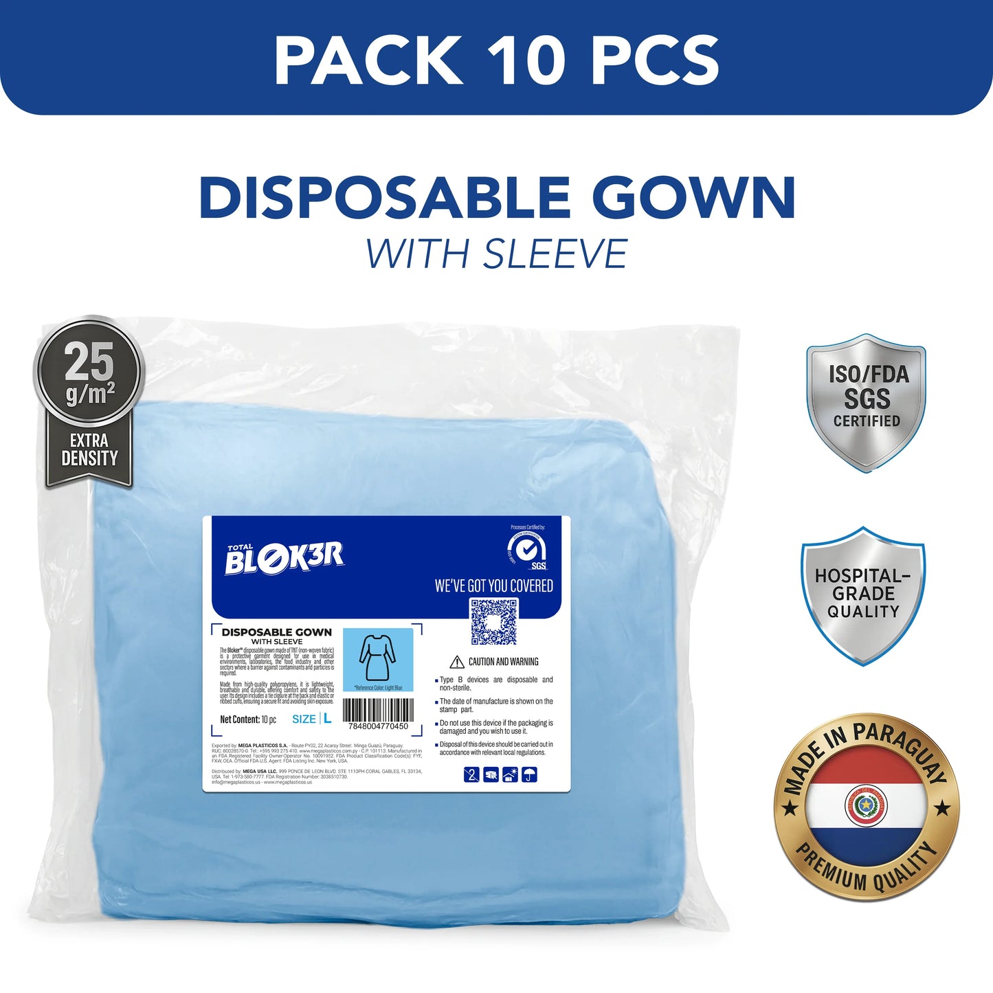 Pack of 10 hospital-grade disposable gowns with sleeves, extra density, ISO/FDA certified, MEGA USA supplier.