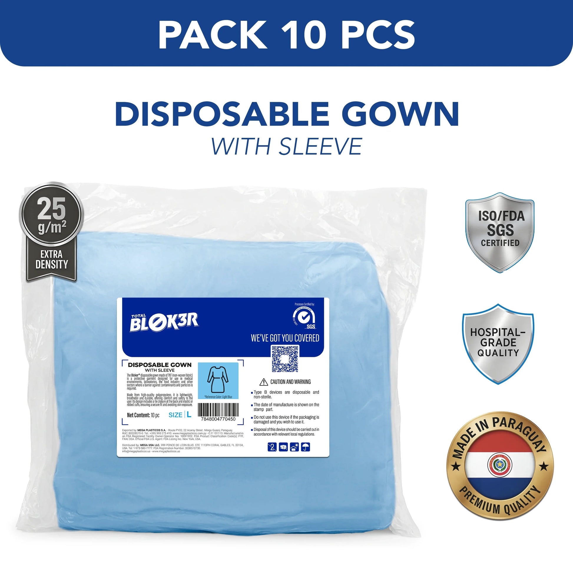 Pack of 10 hospital-grade disposable gowns with sleeves, extra density, ISO/FDA certified, MEGA USA supplier.