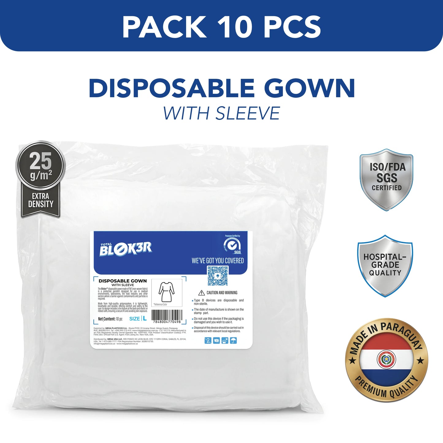 Pack of 10 disposable hospital gowns with sleeves, ISO/FDA certified, 25g/m², MEGA USA wholesale.