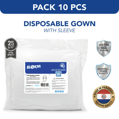 Pack of 10 disposable hospital gowns with sleeves, ISO/FDA certified, 25g/m², MEGA USA wholesale.