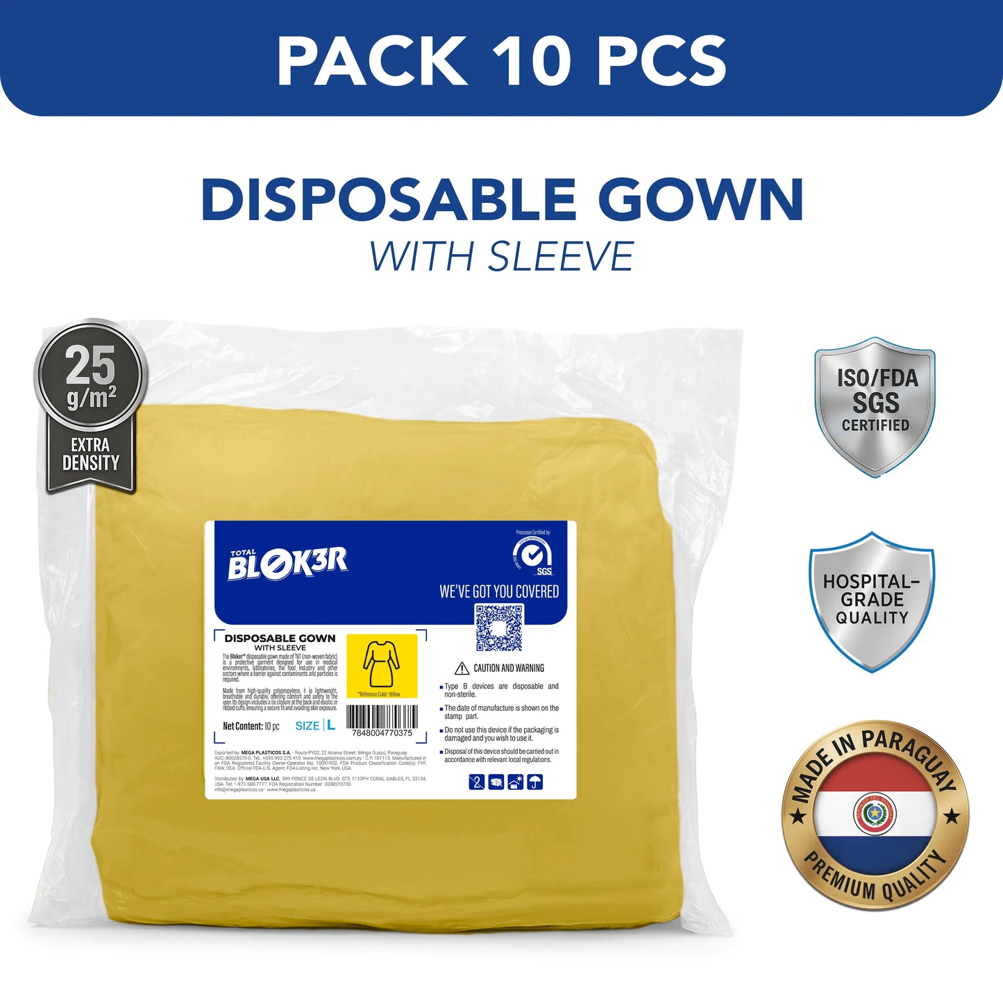 Pack of 10 yellow disposable hospital gowns with sleeves, 25g/m², ISO certified, bulk wholesale.