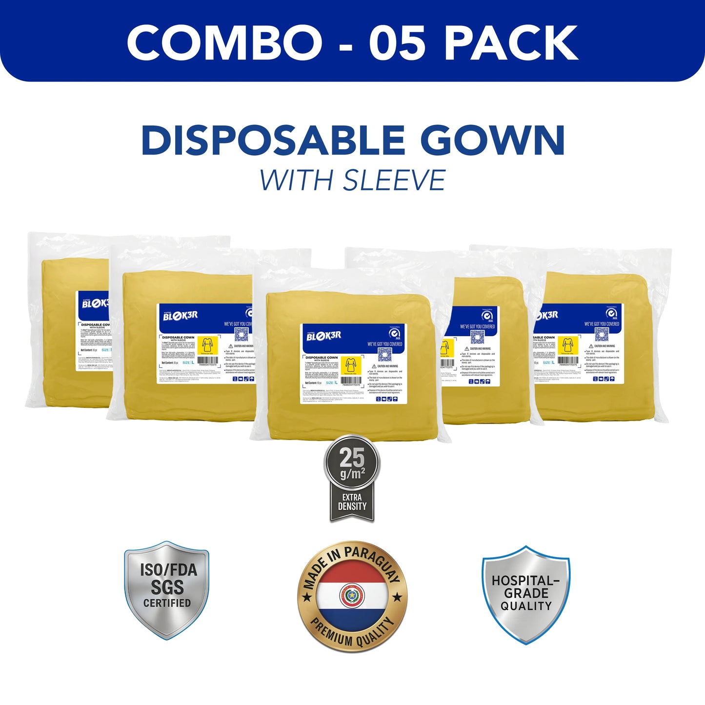 Combo pack of five yellow disposable hospital gowns with sleeves, ISO/FDA certified, hospital-grade quality from MEGA USA.