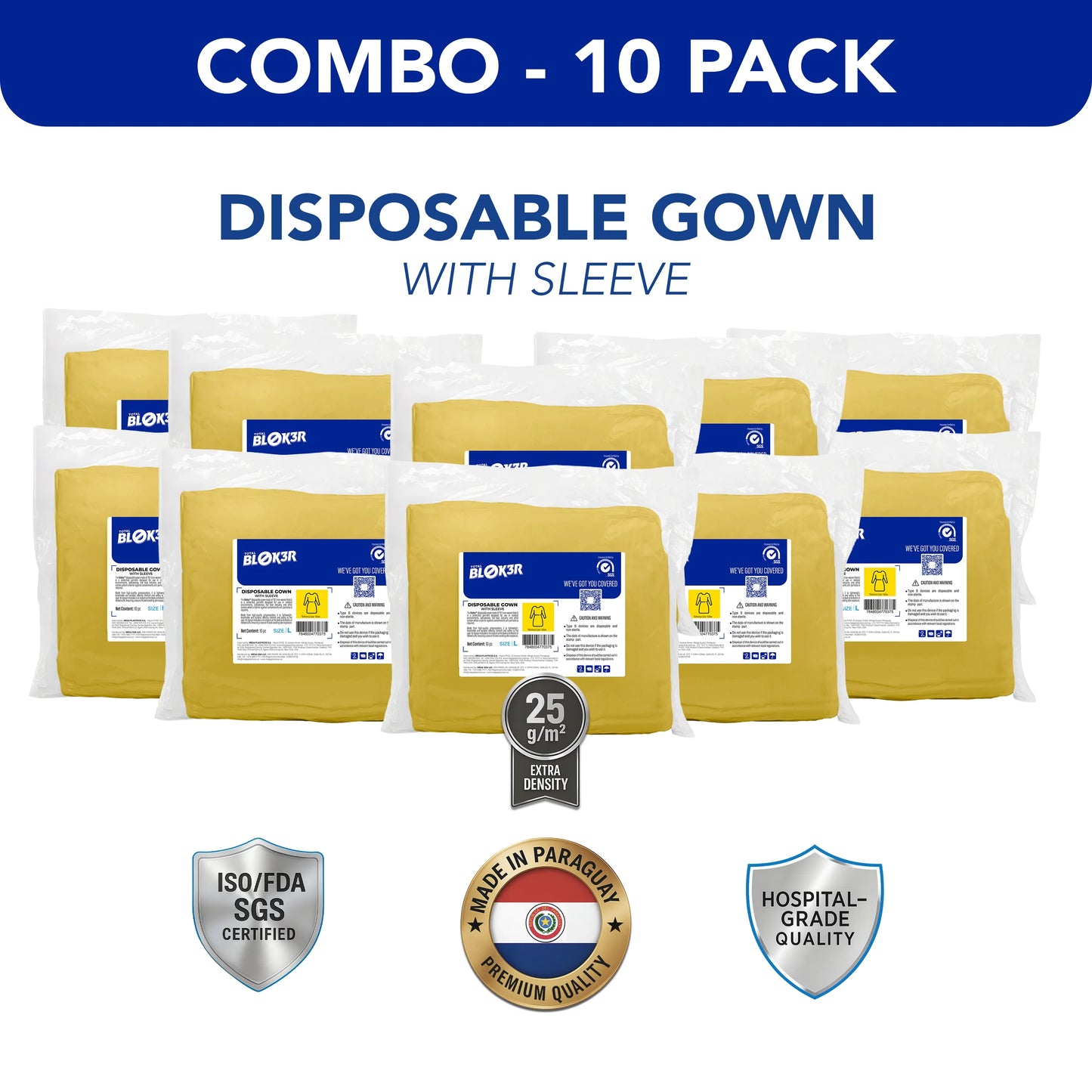 Combo pack of 10 yellow disposable hospital gowns with sleeves, ISO/FDA certified, made in Paraguay.