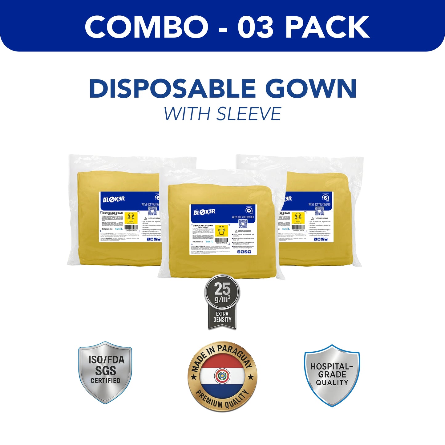 Combo pack of three yellow disposable hospital gowns with sleeves, ISO certified, hospital-grade quality.