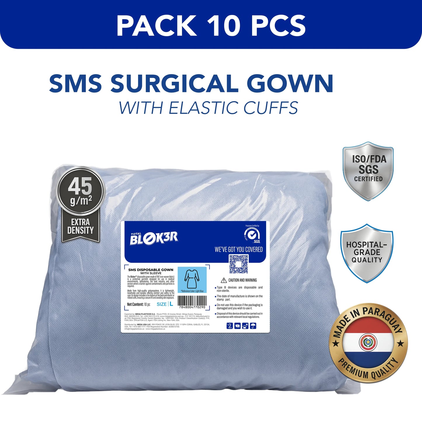 Pack of 10 SMS surgical gowns with elastic cuffs, sealed in clear packaging, ISO SGS certified.