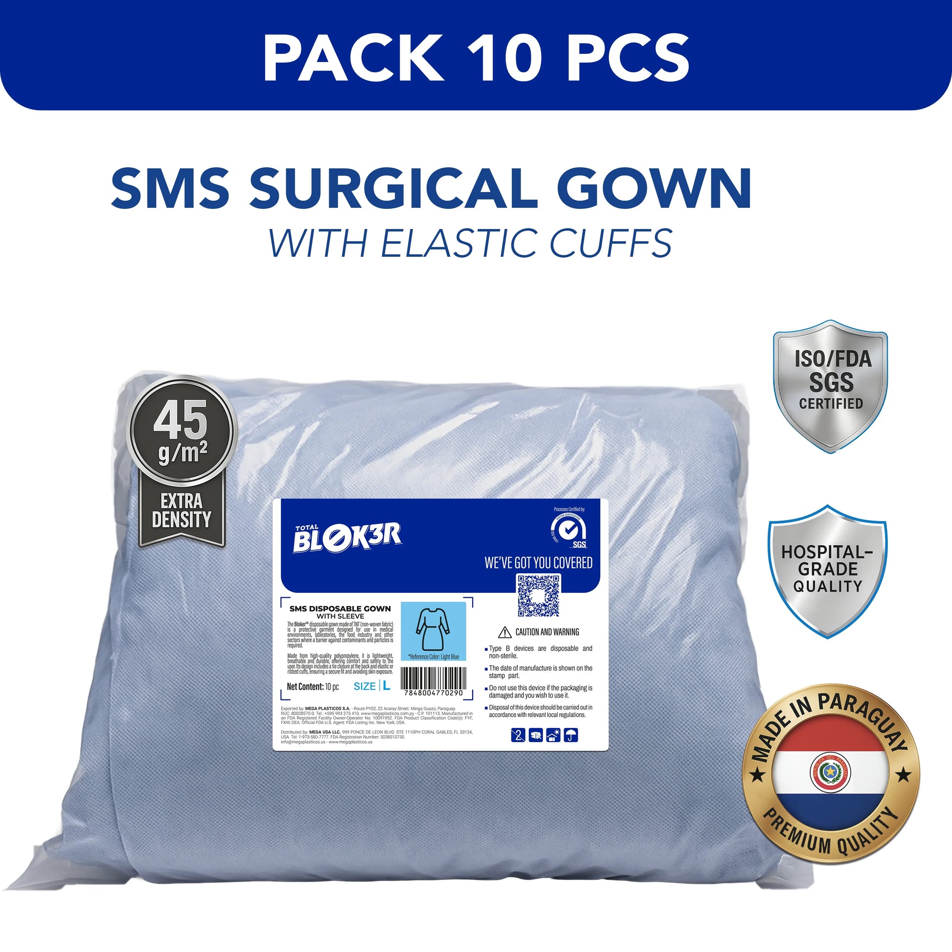 Pack of 10 SMS surgical gowns with elastic cuffs, sealed in clear packaging, ISO SGS certified.