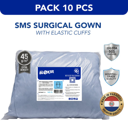 Pack of 10 SMS surgical gowns with elastic cuffs, sealed in clear packaging, ISO SGS certified.