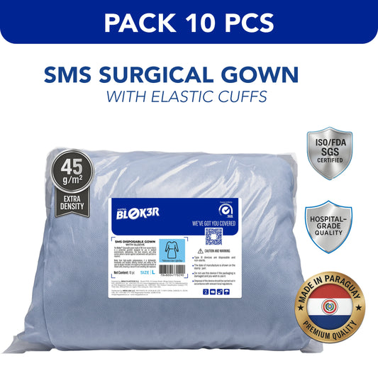 Pack of 10 SMS surgical gowns with elastic cuffs, sealed in clear packaging, ISO SGS certified.