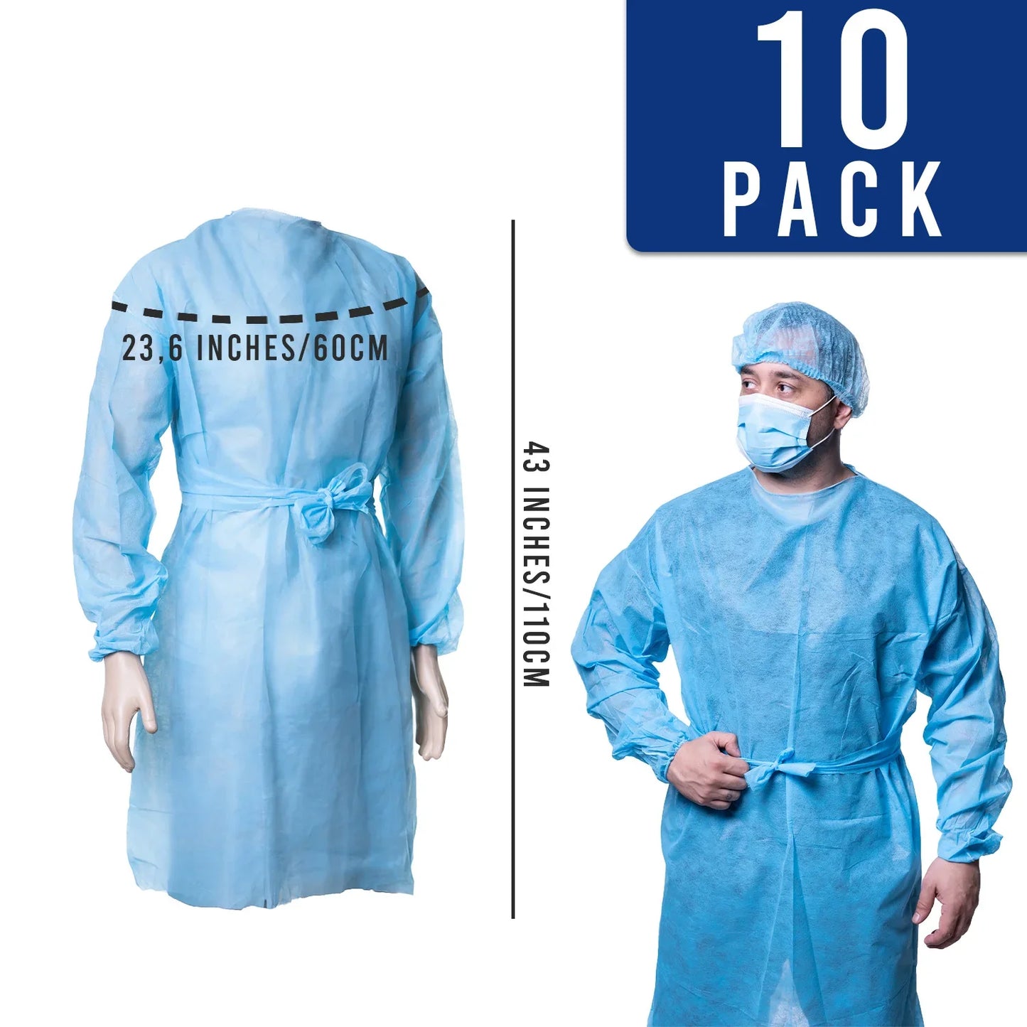 Disposable blue hospital gown pack, shown on mannequin and person, with size details.