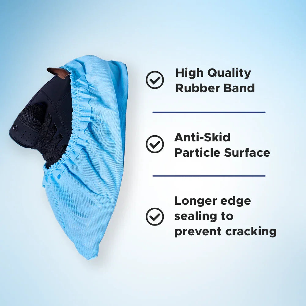 Blue disposable shoe cover with high quality rubber band, anti-skid surface, and sealed edges.