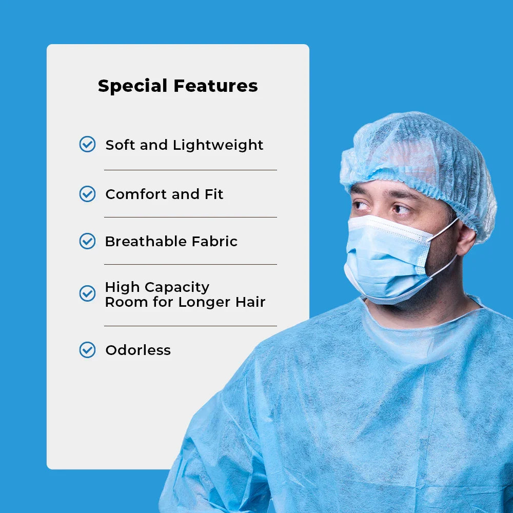 Man wears disposable hospital gown, bouffant cap, and mask; features list includes soft, lightweight, breathable fabric, comfort fit, high capacity for longer hair, and odorless. MEGA USA medical supplies.