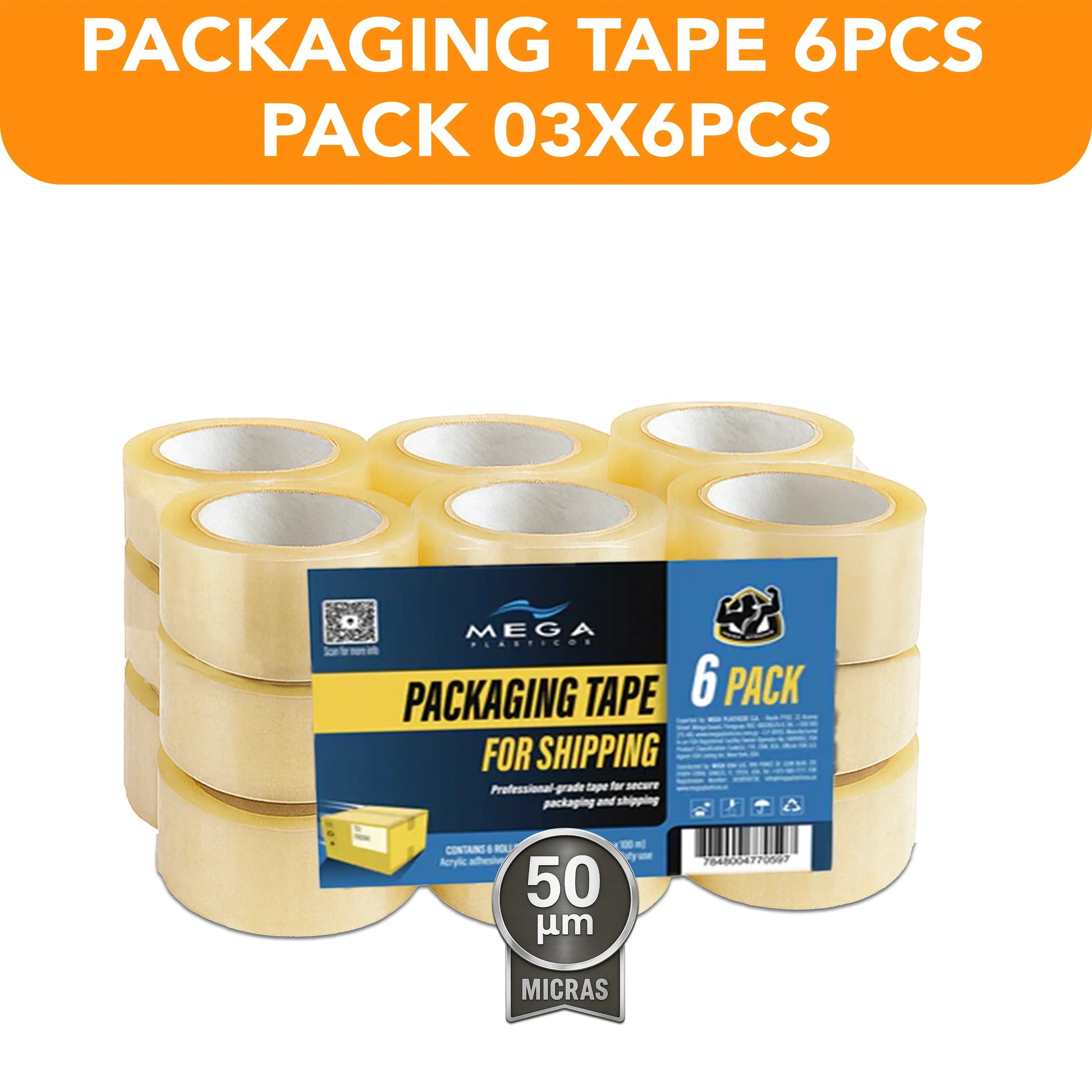 Clear packaging tape 6-pack for shipping, MEGA USA, 50 microns, wholesale bulk supply