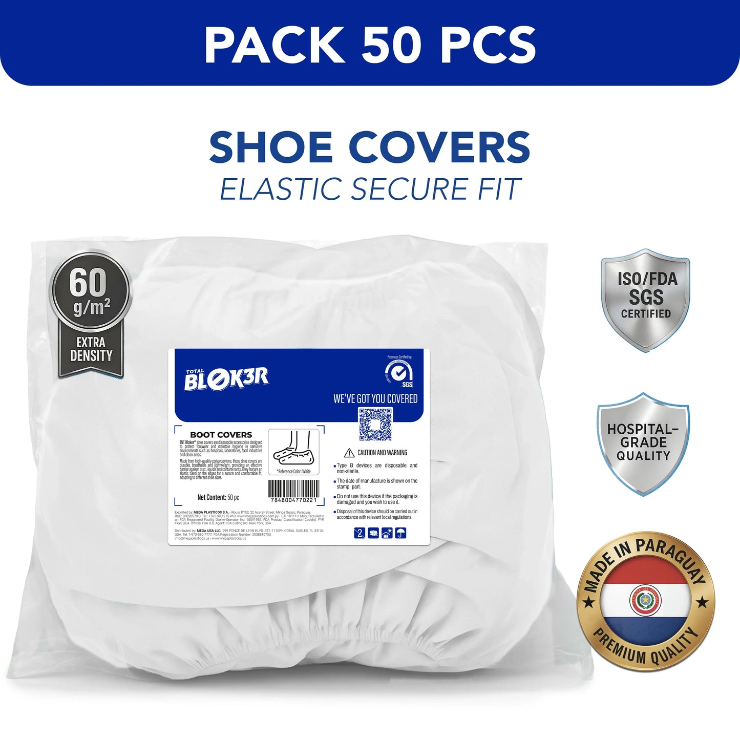 Pack of 50 white hospital-grade disposable shoe covers, elastic fit, ISO/FDA certified, MEGA USA