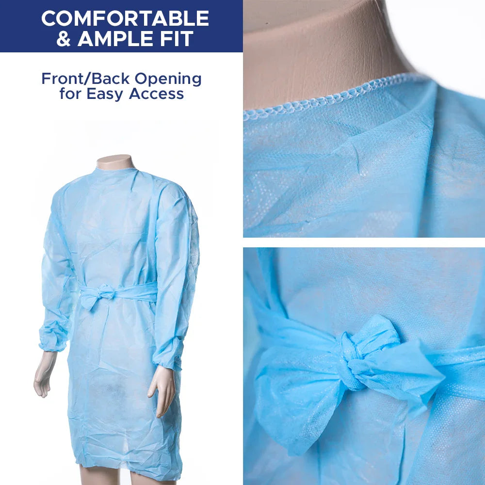 Light blue disposable hospital gown with back tie, shown on mannequin, close-up fabric detail.