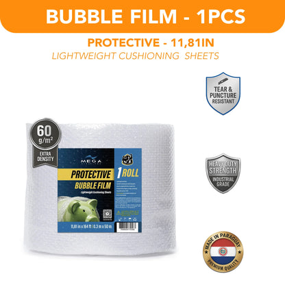 Protective bubble film roll, extra density 60g/m², tear resistant, MEGA USA packaging supply.