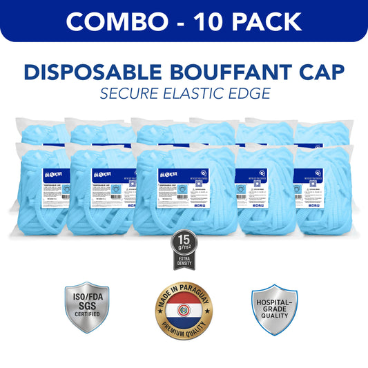 10 pack of disposable bouffant caps with secure elastic edge, ISO/FDA certified, hospital-grade, bulk wholesale from MEGA USA.