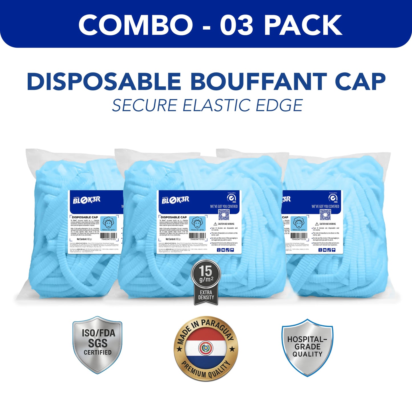 Pack of 3 blue disposable bouffant caps with secure elastic edge, ISO certified, hospital supply