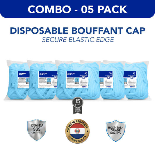 Combo 5 pack of disposable bouffant caps with elastic edge, hospital-grade quality.