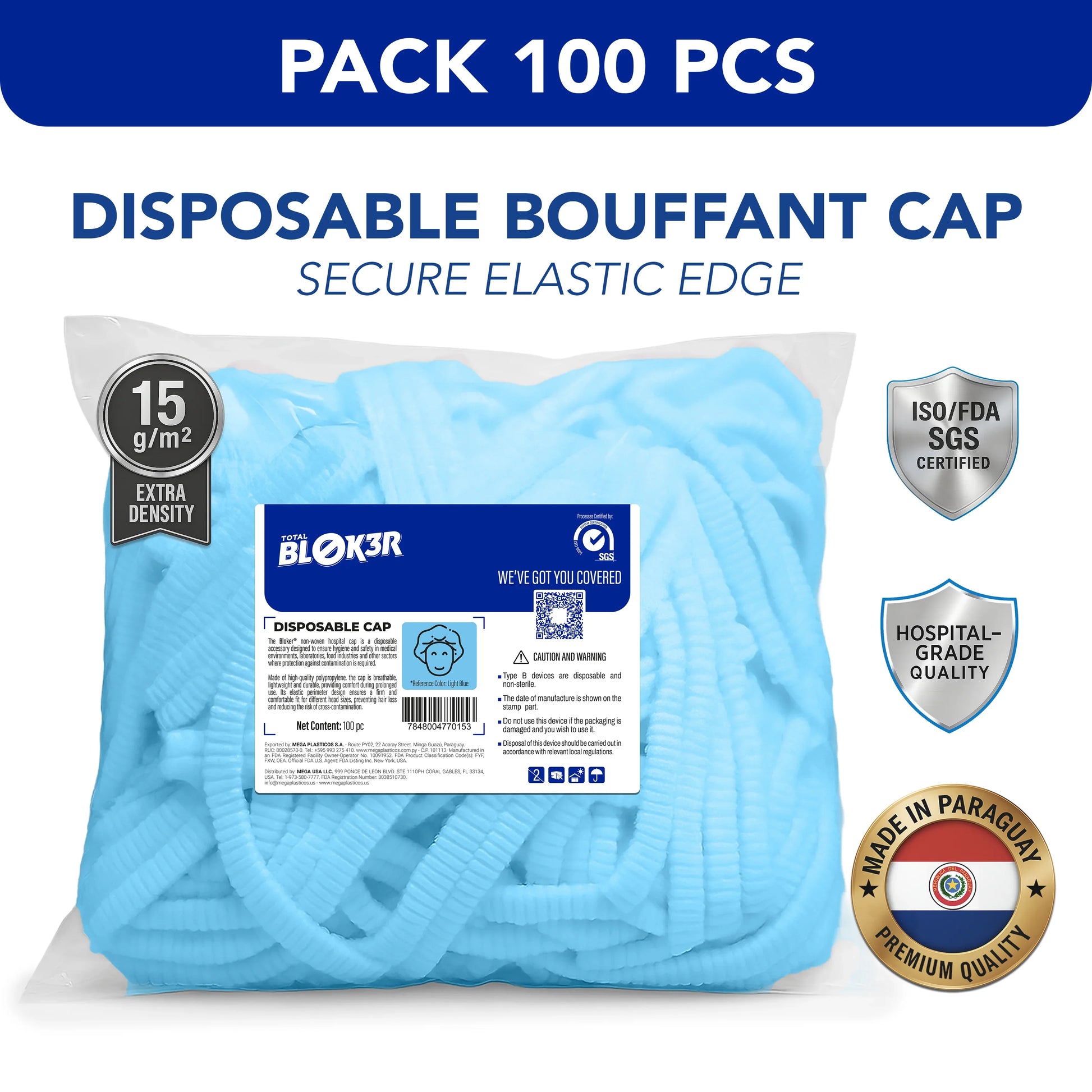Bulk pack of 100 blue disposable bouffant caps, hospital-grade, ISO/FDA certified