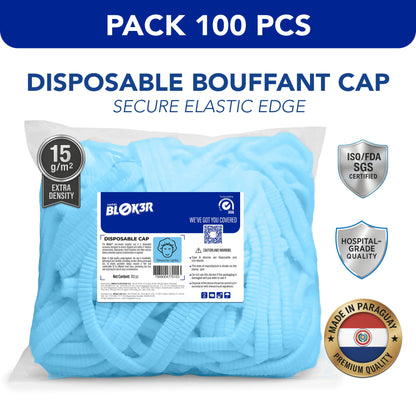 Bulk pack of 100 blue disposable bouffant caps, hospital-grade, ISO/FDA certified