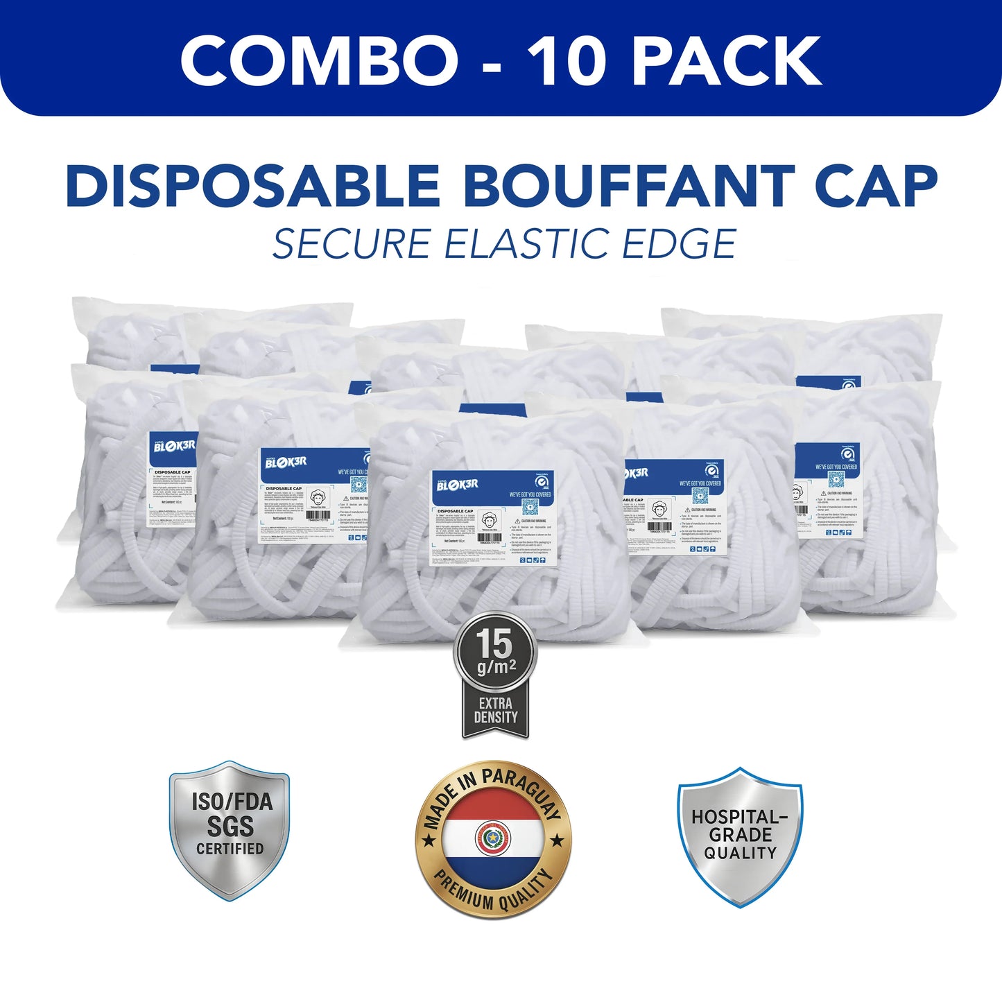 Combo 10 pack of disposable bouffant caps in clear bags, hospital-grade, ISO/FDA certified