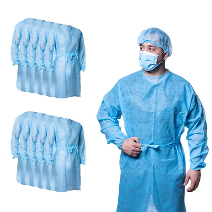 Bulk hospital disposable blue isolation gowns, worn by person with bouffant cap and mask