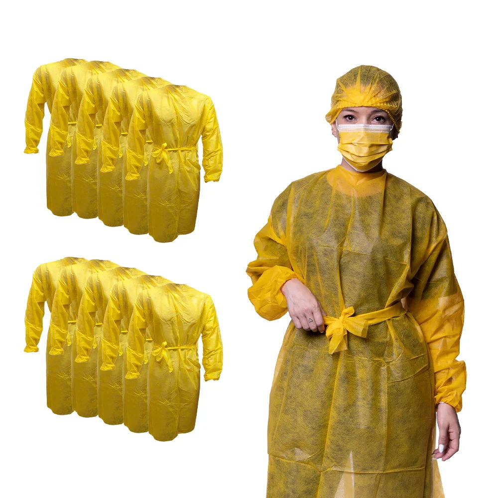 Bulk pack of yellow disposable hospital gowns with matching bouffant cap and face mask