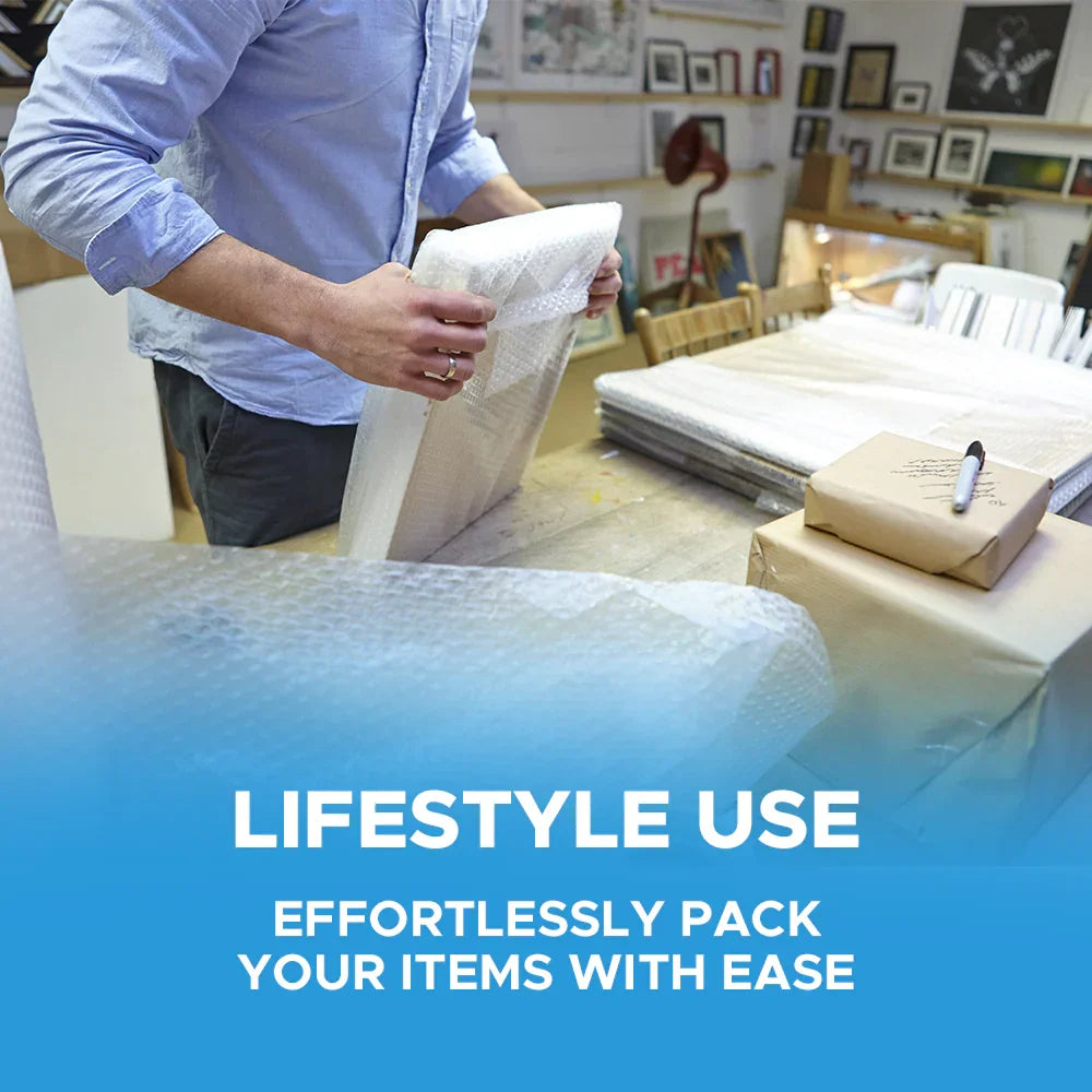 Person wrapping package with bubble film on table, packing supplies for shipping or moving