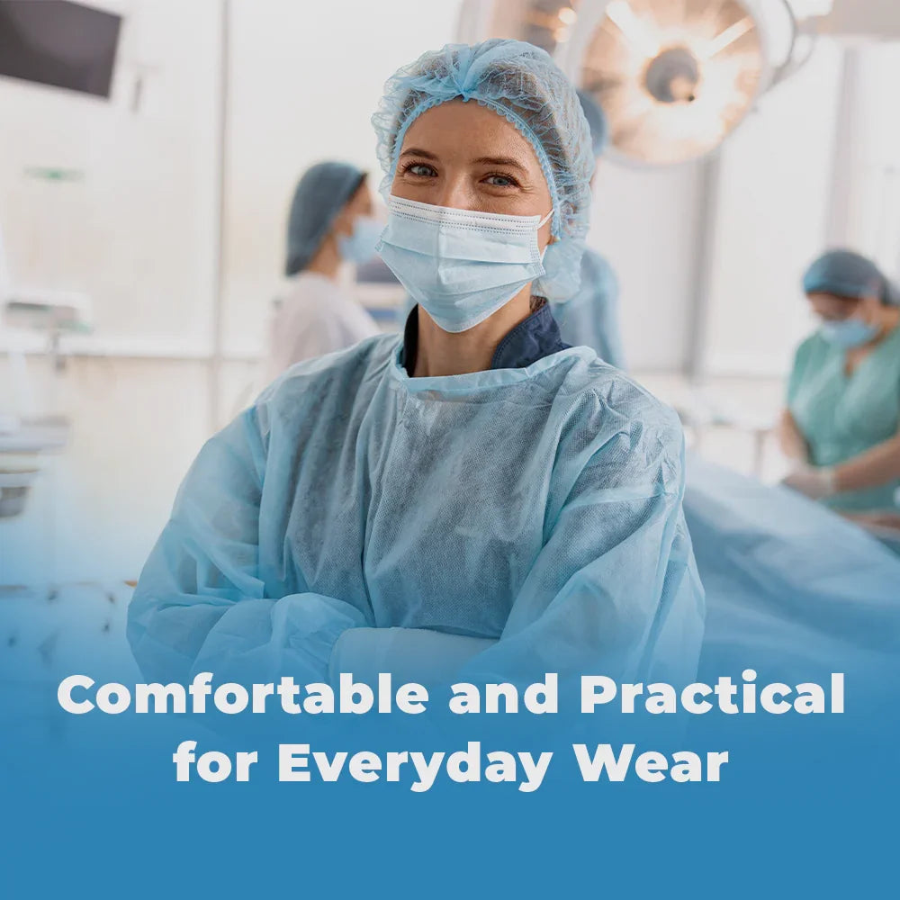 Healthcare professional in disposable hospital gown, mask, and bouffant cap in medical setting