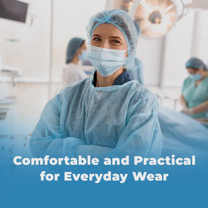 Healthcare professional in disposable hospital gown, mask, and bouffant cap in medical setting