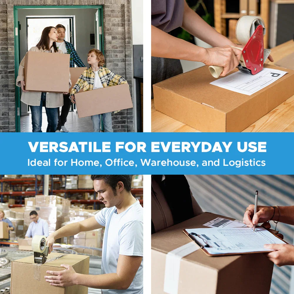 Collage of people using clear packaging tape on boxes at home, warehouse, and office settings.