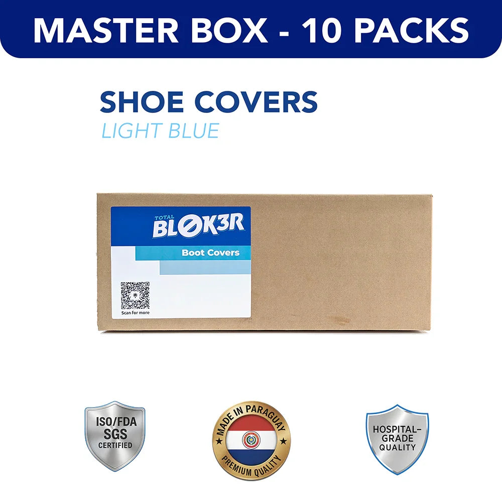 Master box of Total BLOK3R light blue disposable shoe covers, hospital-grade, 10 packs.