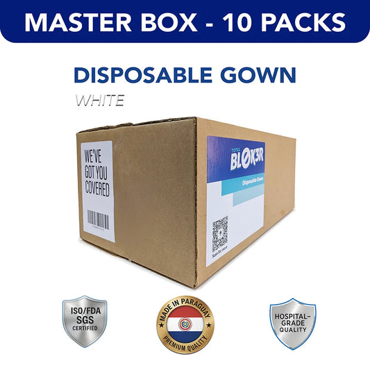 Master box of white disposable gowns by MEGA USA, hospital-grade, 10 packs, ISO/FDA certified