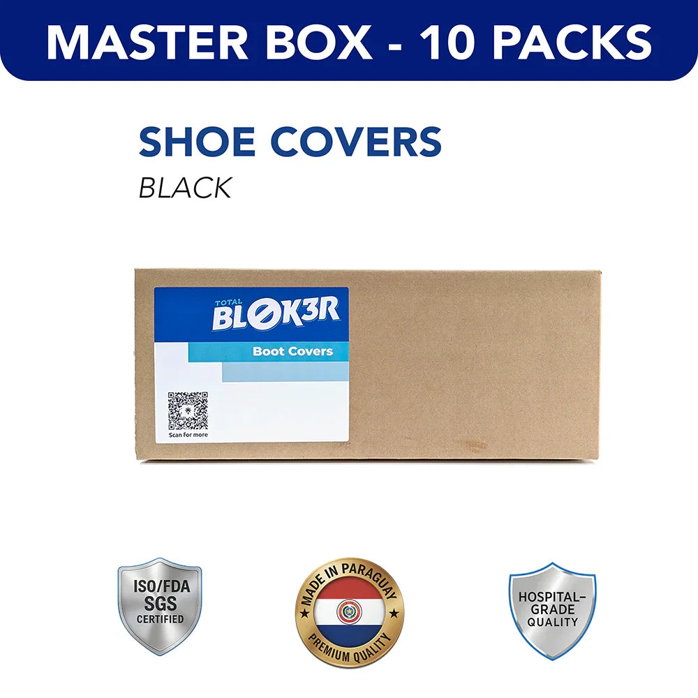 Master box of black shoe covers for hospitals, 10 packs, hospital-grade quality, MEGA USA supplier