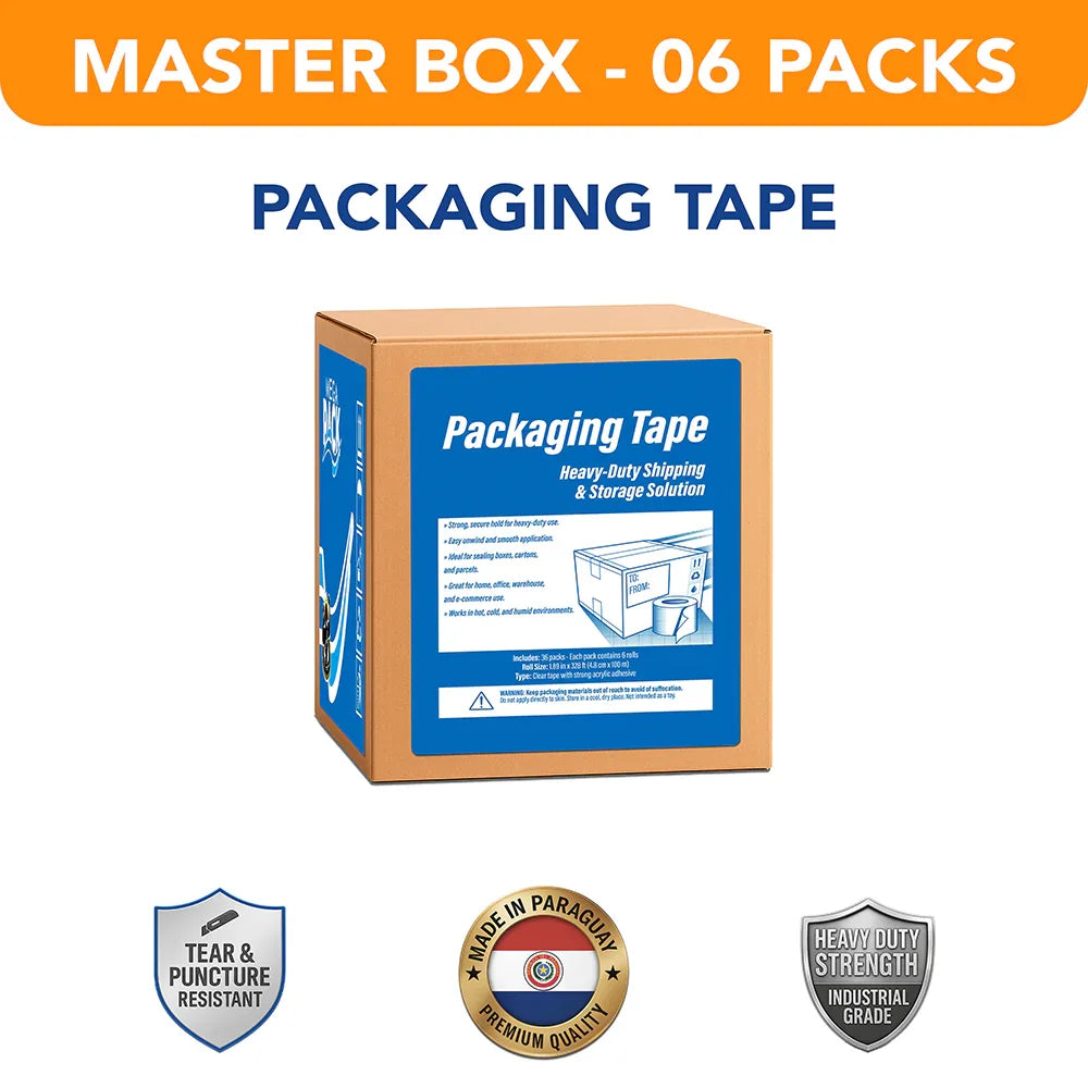 Master box of 6 packs packaging tape, heavy-duty, tear resistant, for shipping and storage